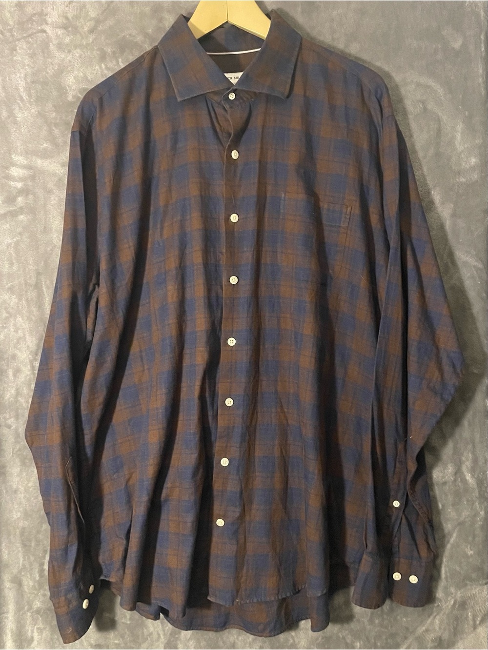 Peter Millar Blue and Brown Plaid Button-Up Shirt